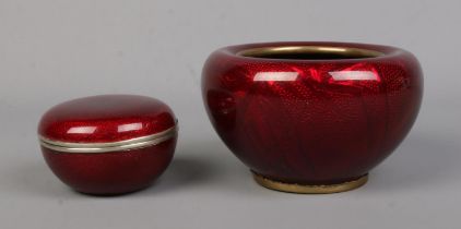 Two pieces of Japanese Meiji period red cloisonne. Includes bowl decorated with bamboo shoots and