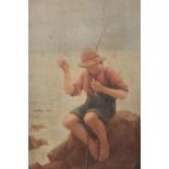 A 19th century oil on panel, seascape with a fisher boy and his catch. Unsigned. 17.5cm x 12cm.