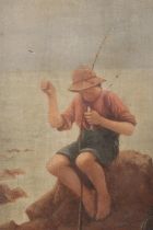 A 19th century oil on panel, seascape with a fisher boy and his catch. Unsigned. 17.5cm x 12cm.