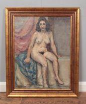 Georges Bresse, a mid 20th century gilt framed oil on canvas, portrait of a seated nude maiden. 63cm