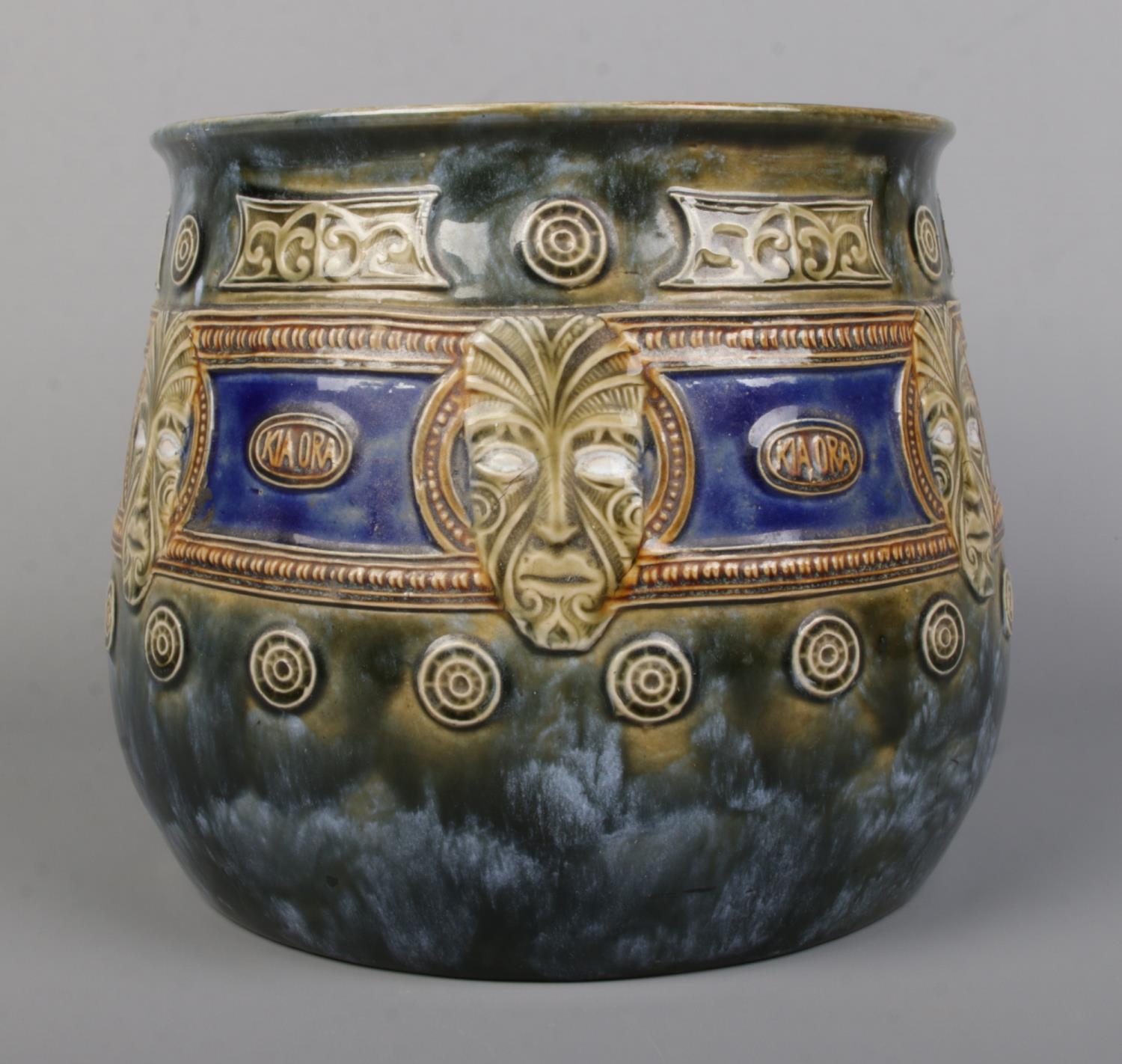 An early 20th century Royal Doulton Maori Ware glazed stoneware jardiniere. Decorated with mask - Image 2 of 5