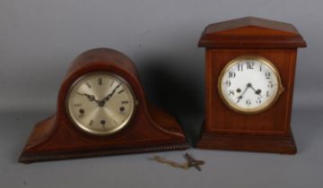 Two inlaid wooden cased mantle clocks to include Waterbury Clock Co example.