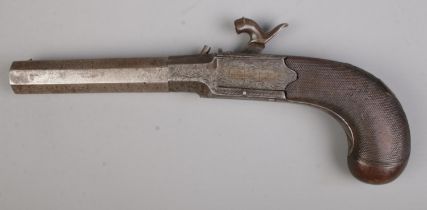 A 19th century percussion cap pistol with octagonal screw off barrel. Makers mark for Clabrough,