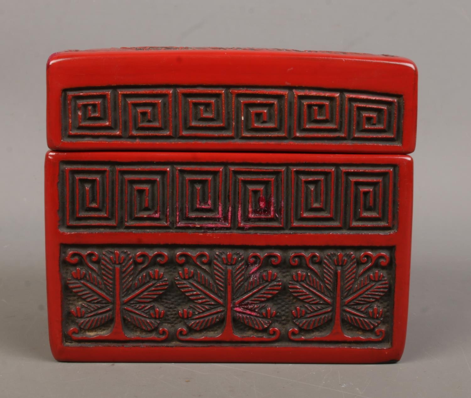 A Chinese cinnabar lacquer card box. The cover decorated with a landscape scene. 9cm x 11cm x 6.5cm. - Image 2 of 5