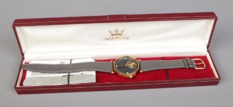 A boxed Marvin Revue skeleton wristwatch on leather strap along with original certificate of