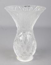 A Lalique frosted glass vase decorated with floral motifs. Approx. height 25cm. Chipped and