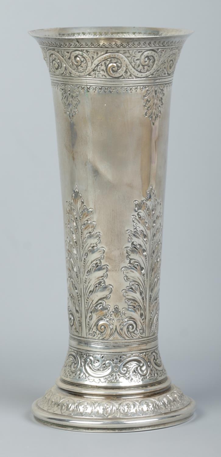 A Victorian silver trumpet shaped vase. Assayed Sheffield 1895 by James Deakin & Sons. Height - Image 2 of 2