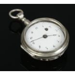 A silver fusee fob watch, set with a bloodstone to the back of the case. Having white enamel dial