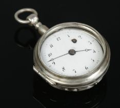 A silver fusee fob watch, set with a bloodstone to the back of the case. Having white enamel dial