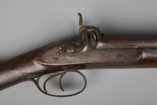 A 19th century pin fire muzzle loading side by side shot gun. The lock plate stamped for John Adams.