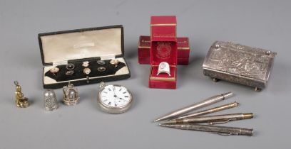 A quantity of assorted collectables, to include cased set of shirt studs, white metal pocket