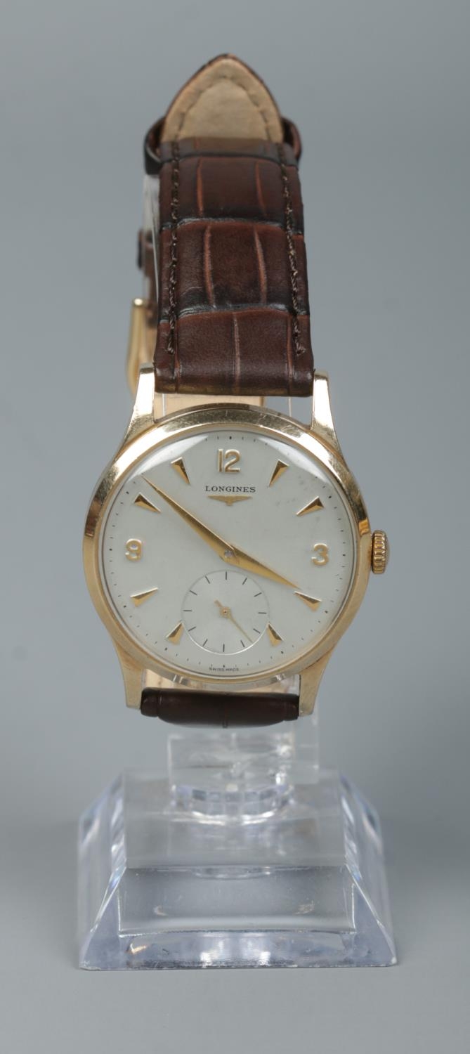 A gents 9ct gold Longines manual wristwatch. Having subsidiary seconds and baton and Arabic - Image 2 of 3