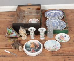 Two boxes of mostly assorted ceramics and glassware to include Royal Albert, blue and white