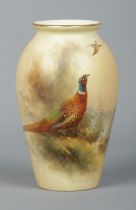 James Stinton for Royal Worcester, a porcelain vase with hand painted scene depicting pheasants in