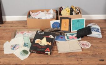 A box of vintage hats and purses along with a box of assorted knitting and sewing items to include