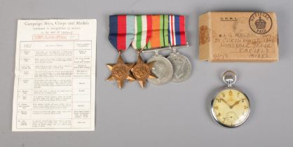 A set of four WWII medals, with associated box, addressed to L.G Allen, Enfield, Middlesex. To