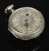 A silver fusee fob watch, set with a bloodstone to the back of the case. Having silvered dial and