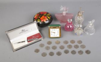 A tray of collectables to include silver mounted cut glass atomizer, papier mache box, Louis Codan