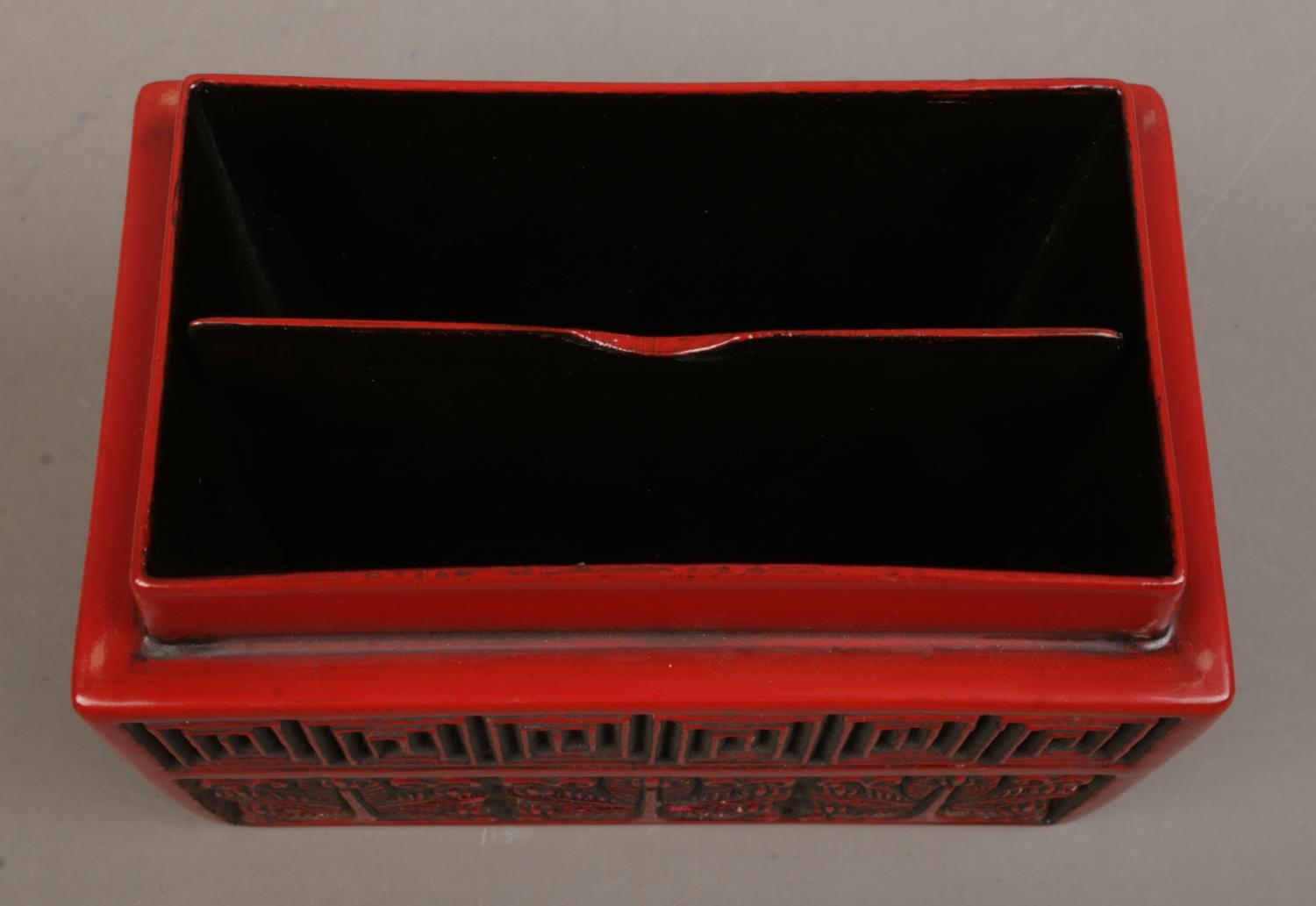 A Chinese cinnabar lacquer card box. The cover decorated with a landscape scene. 9cm x 11cm x 6.5cm. - Image 5 of 5