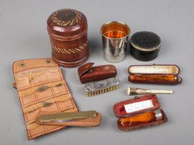 A collection of antique items including Victorian silver moustache pocket comb, 9ct gold rimmed