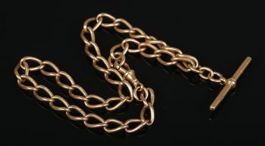 A 18ct gold Albert chain and T-bar. Length approximately 36cm. 49.43g. Good condition.