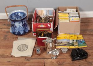 Two boxes of miscellaneous to include assorted metal wares, Ordinance surveys, Ringtons ceramic pot,