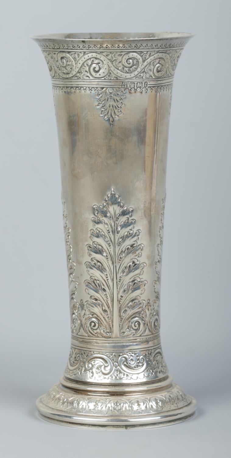 A Victorian silver trumpet shaped vase. Assayed Sheffield 1895 by James Deakin & Sons. Height