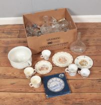 A box of miscellaneous ceramics and glassware to include Bunnykins, Wedgwood Peter Rabbit, Royal
