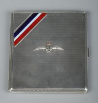 A George V silver RAF cigarette case. Having engine turned engraving, insignia to front and