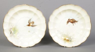 James Stinton for Royal Worcester, two porcelain dessert bowls with hand painted scenes depicting