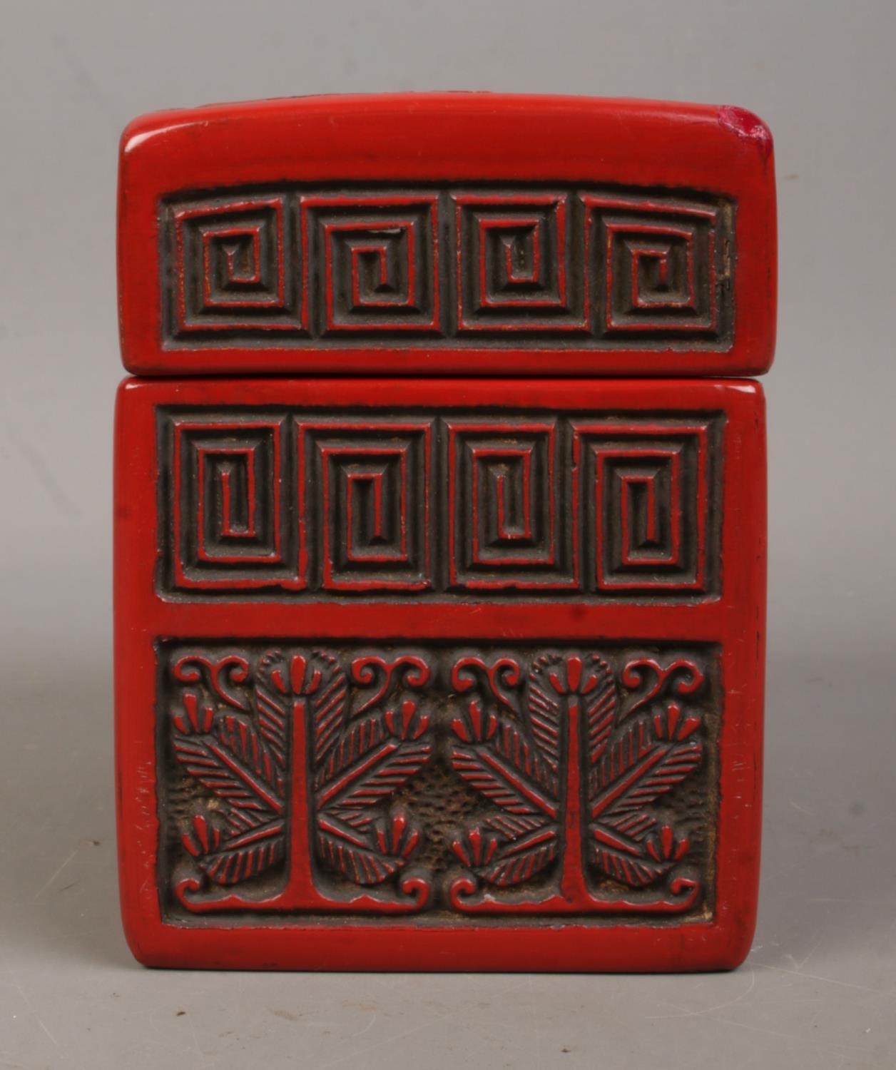 A Chinese cinnabar lacquer card box. The cover decorated with a landscape scene. 9cm x 11cm x 6.5cm. - Image 3 of 5