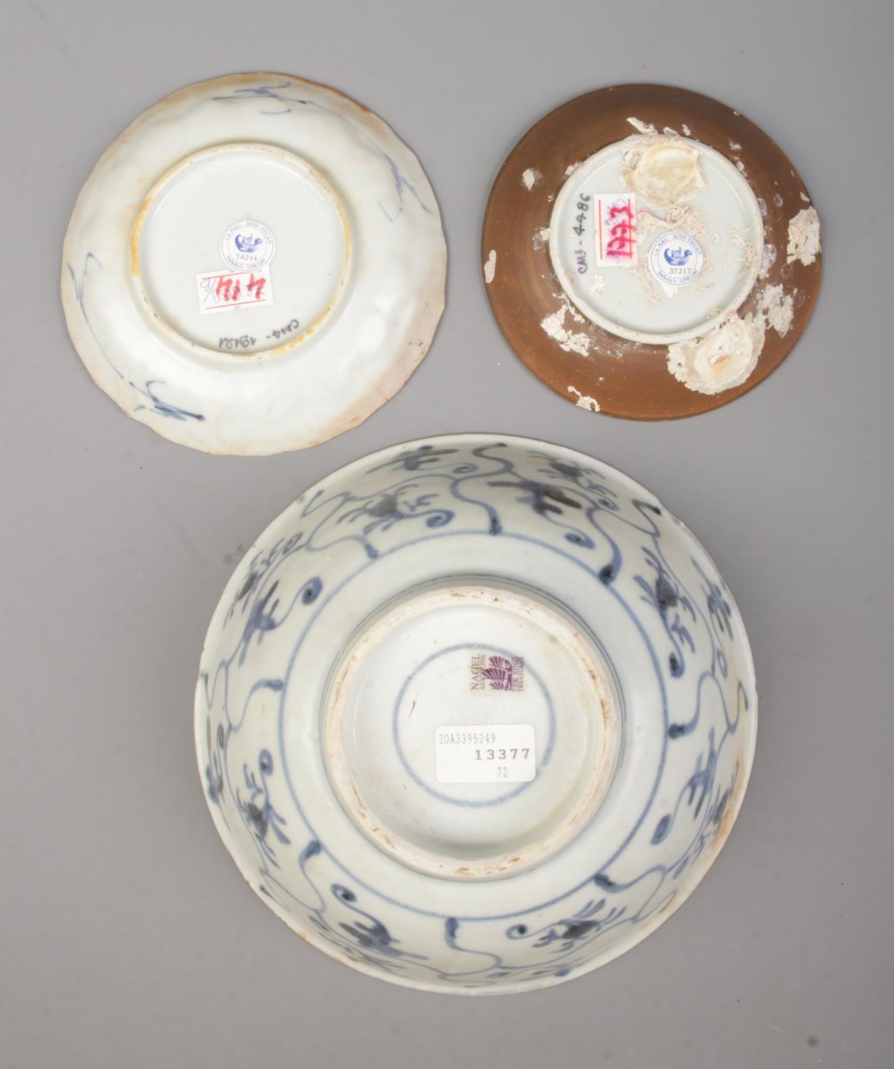 Three antique pieces of Chinese blue and white porcelain. Includes Tek Sing treasures bowl and two - Image 2 of 2