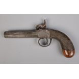 A 19th century percussion cap pistol with octagonal screw off barrel. Length 18cm. CANNOT POST