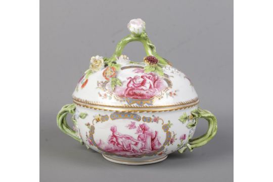 A Carl Thieme Meissen style écuelle featuring twisted vine handles and hand painted scenes depicting - Image 3 of 5