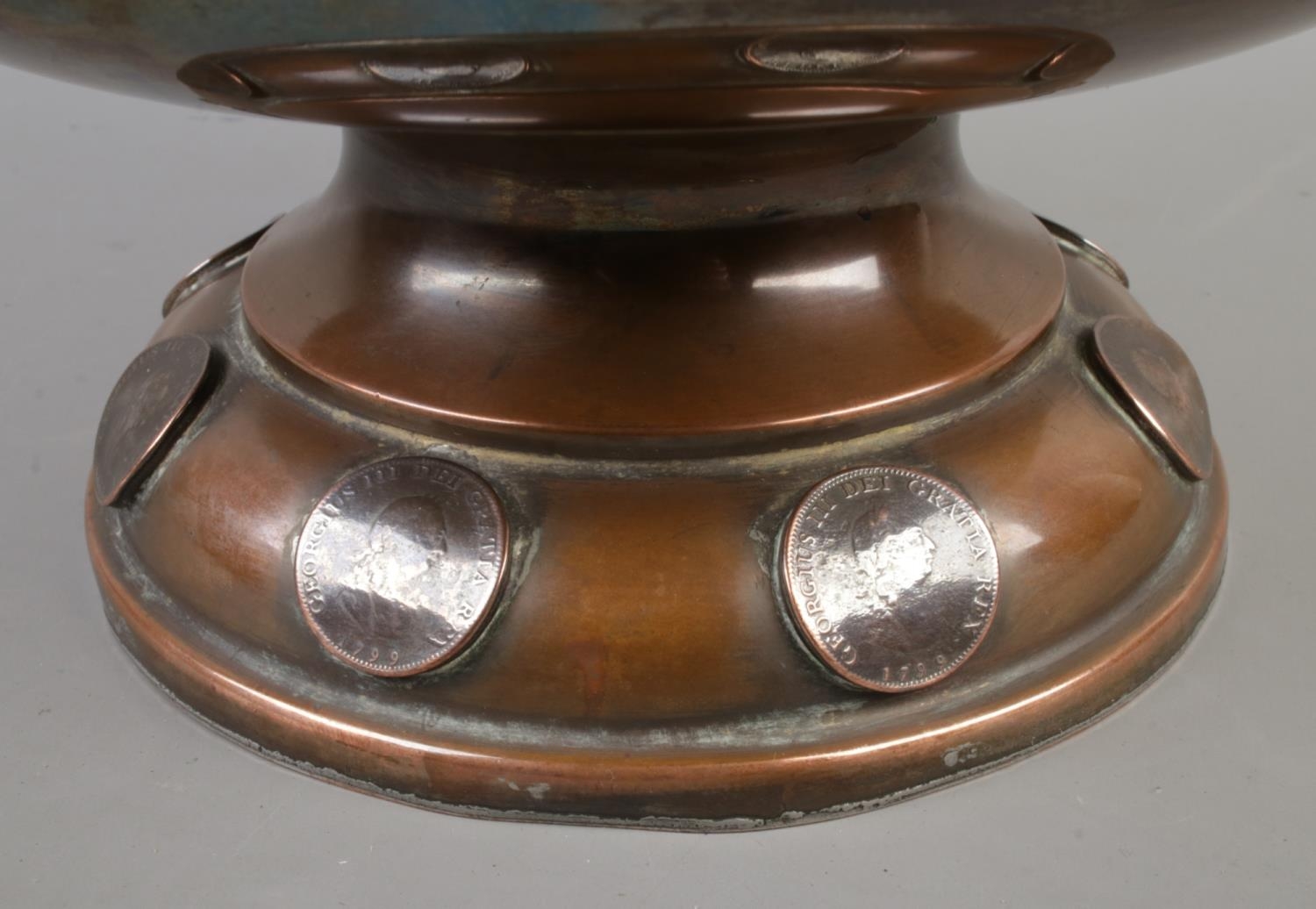 A 19th century copper pedestal bowl decorated with inset 1799 copper farthing coins. Height 18cm, - Image 4 of 4