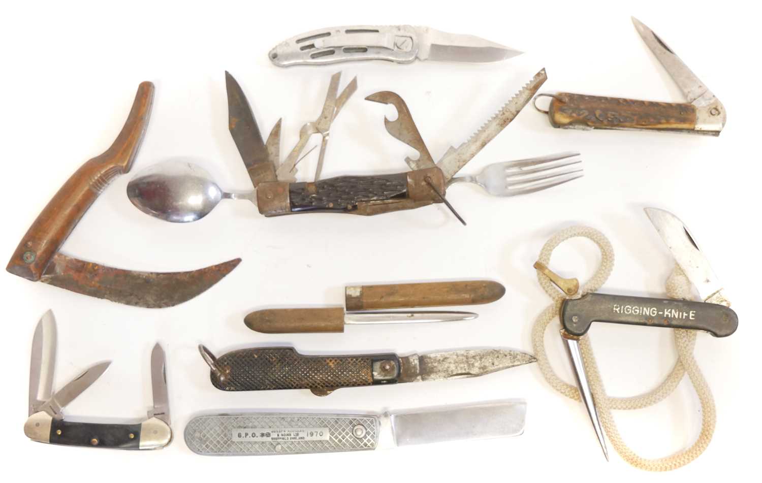 Nine various pocket or folding knives, including a Joseph Rodgers G.P.O 1970 knife, a Rigging knife,