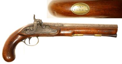 H.W. Mortimer percussion officer's pistol named A.Sleed, 9inch Damascus barrel converted from