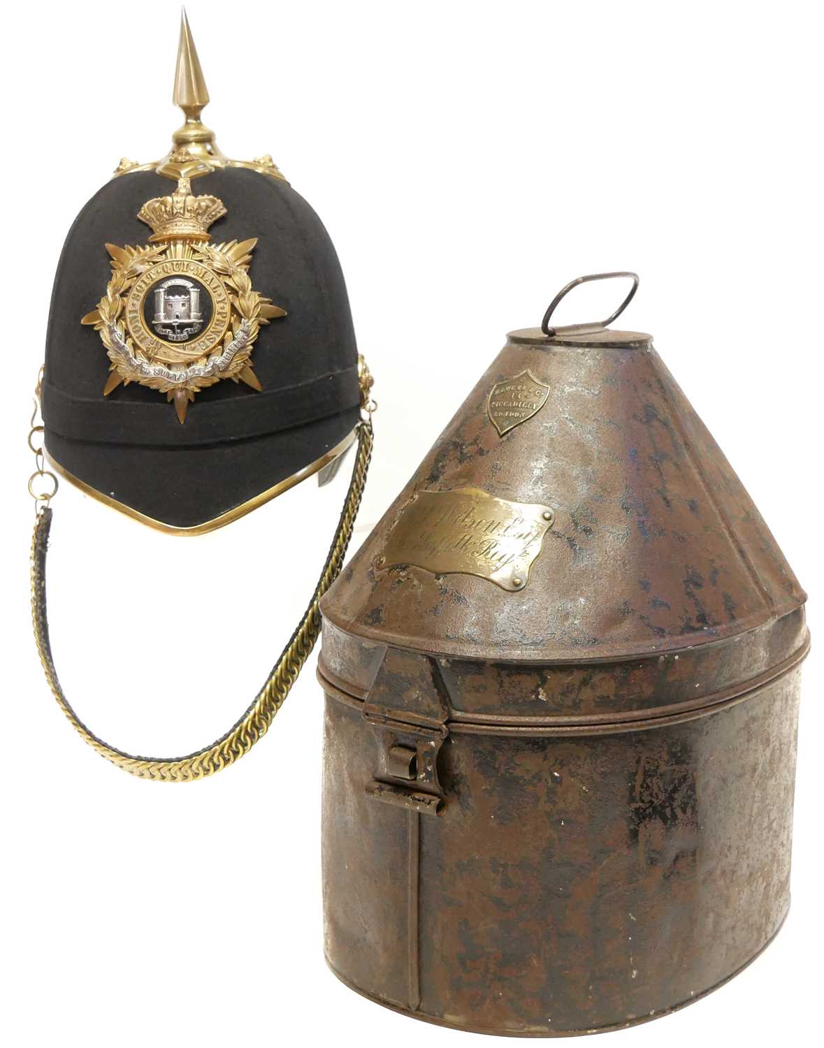 Victorian blue cloth helmet, with The Suffolk Regiment badge, retailed by Hawkes and Co. with '