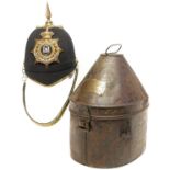 Victorian blue cloth helmet, with The Suffolk Regiment badge, retailed by Hawkes and Co. with '