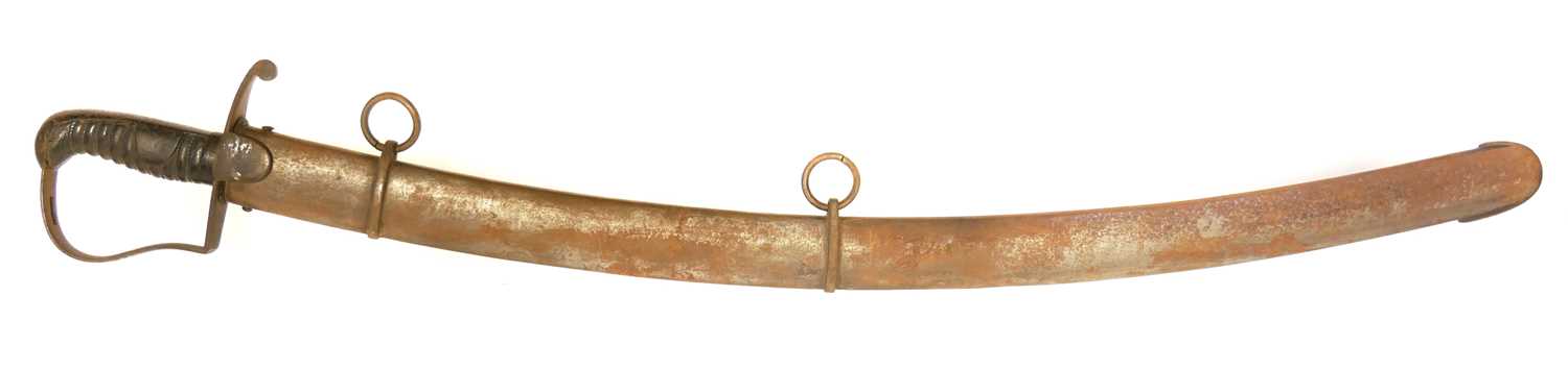 British 1796 pattern troopers sabre and scabbard, curved blade with single fuller, leather bound