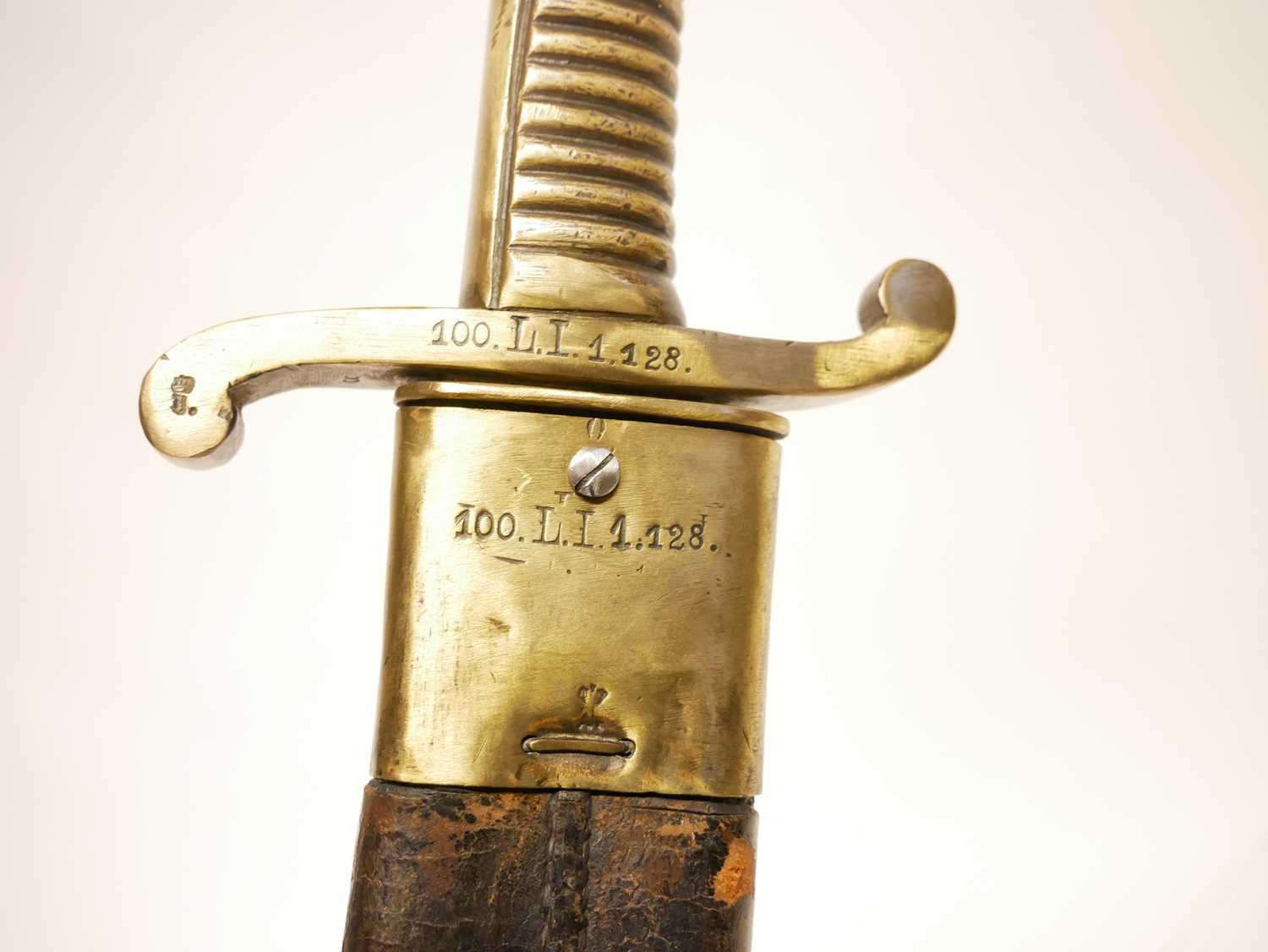 German pioneer M.1845 short sword and scabbard, the ricasso stamped with gothic JR and PDL maker - Image 10 of 12