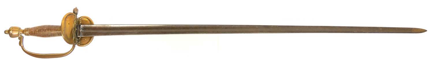 1796 pattern infantry officers sword, 32inch fullered blade, wire bound grip and folding guard.