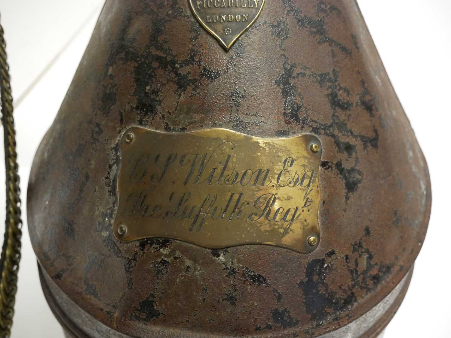 Victorian blue cloth helmet, with The Suffolk Regiment badge, retailed by Hawkes and Co. with ' - Image 2 of 17