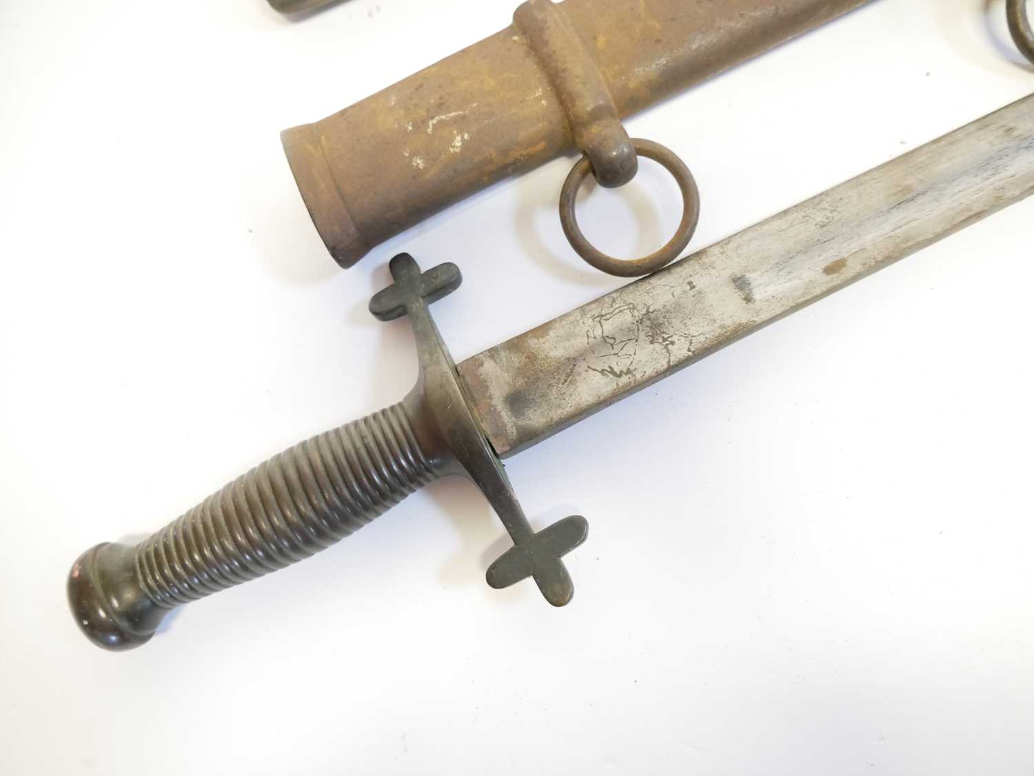 French Chassepot M.1866 pattern bayonet and scabbard, with 1868 spine date, also an infantry sabre - Image 9 of 11