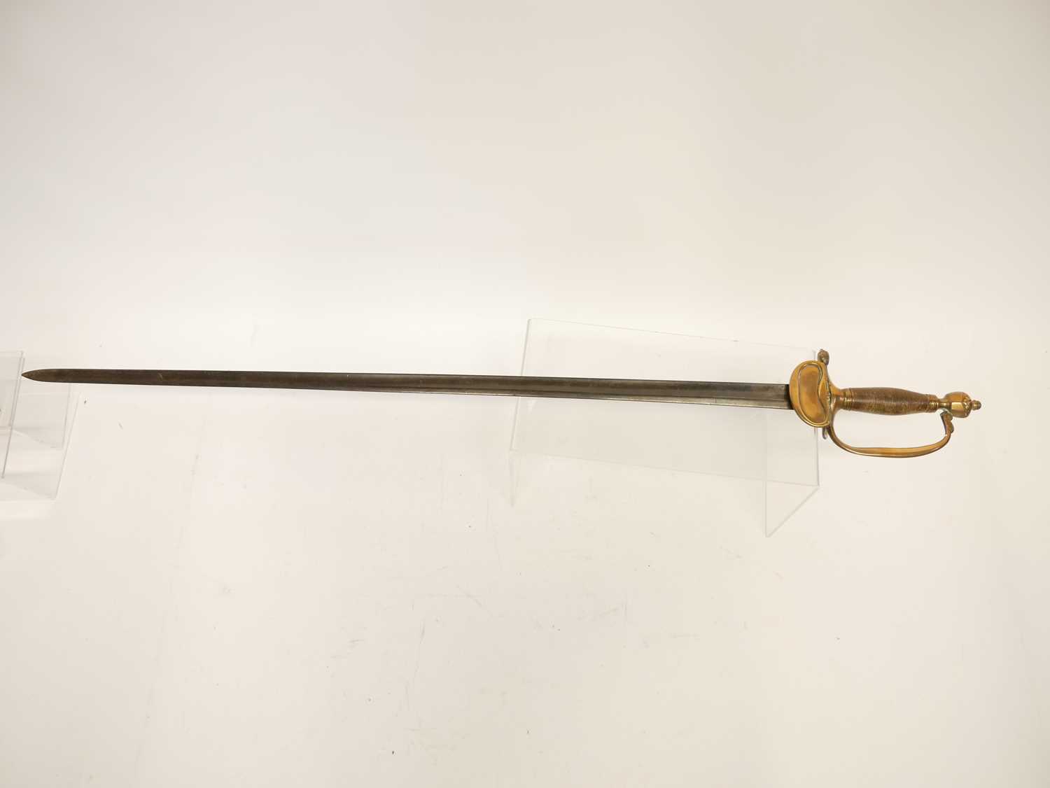 1796 pattern infantry officers sword, 32inch fullered blade, wire bound grip and folding guard. - Image 5 of 5