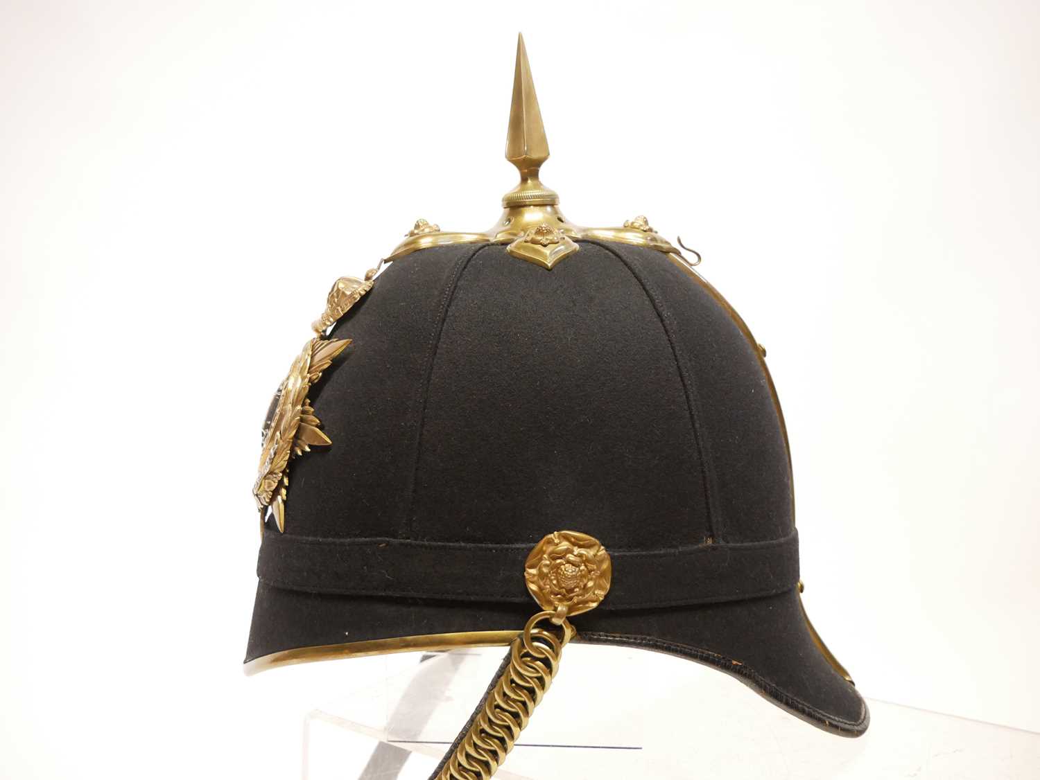 Victorian blue cloth helmet, with The Suffolk Regiment badge, retailed by Hawkes and Co. with ' - Image 7 of 17