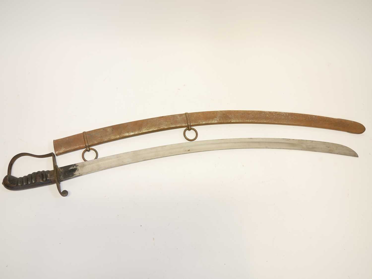 British 1796 pattern troopers sabre and scabbard, curved blade with single fuller, fish skin bound - Image 7 of 16