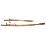 French Chassepot M.1866 pattern bayonet and scabbard, with 1868 spine date, also an infantry sabre