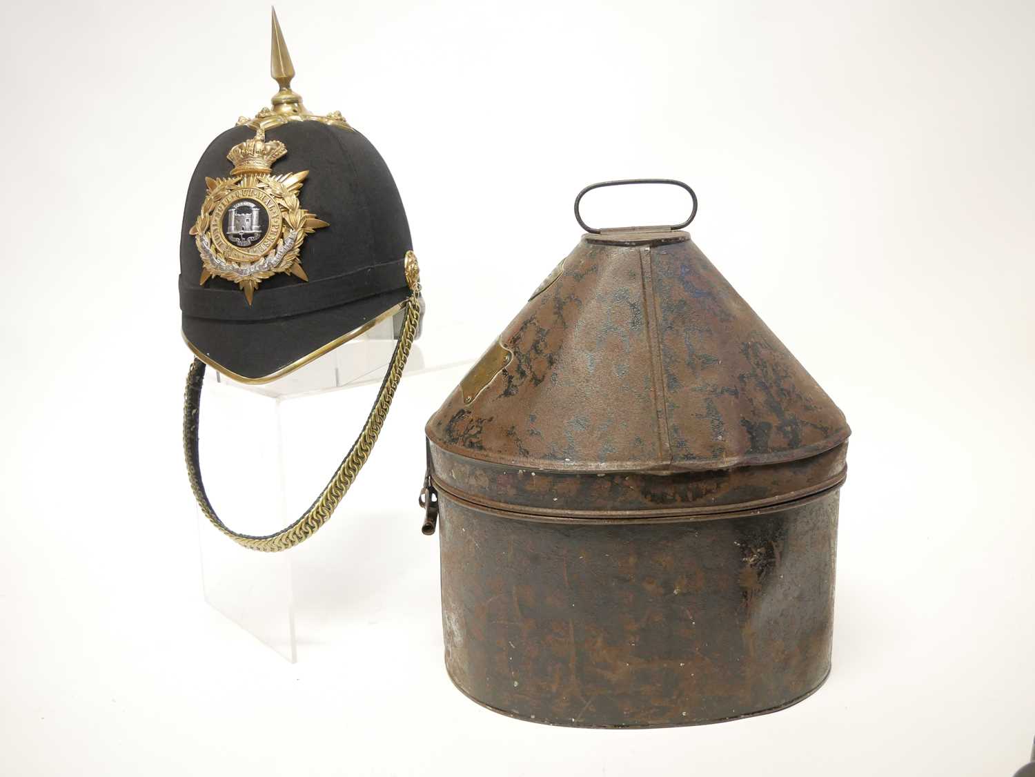 Victorian blue cloth helmet, with The Suffolk Regiment badge, retailed by Hawkes and Co. with ' - Image 4 of 17