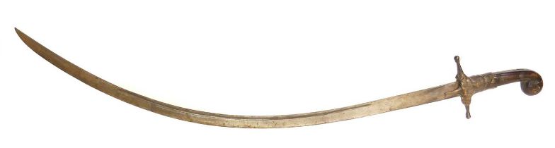 Turkish Ottoman Shamshir, curved single fuller blade, simple crossbar hilt and leather bound horn